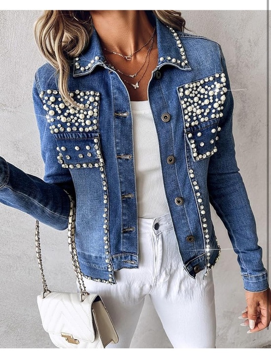 Jackets & Blazers - Denim Pearl Embellished Jean Jacket - Blue
